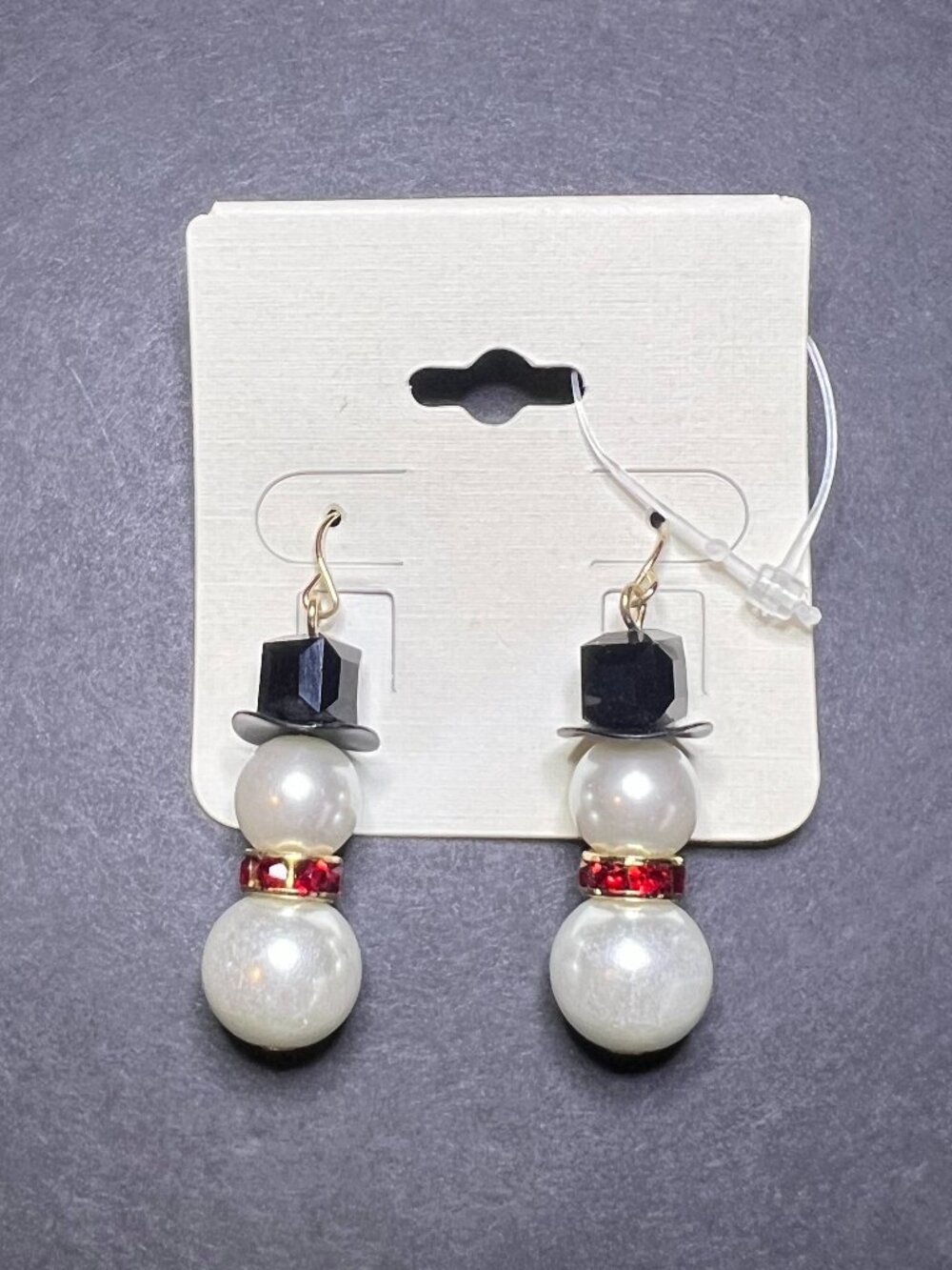 Christmas Glass Faux Pearl Beaded Snowman w Red Rhinestone Scarf Dangle Earrings